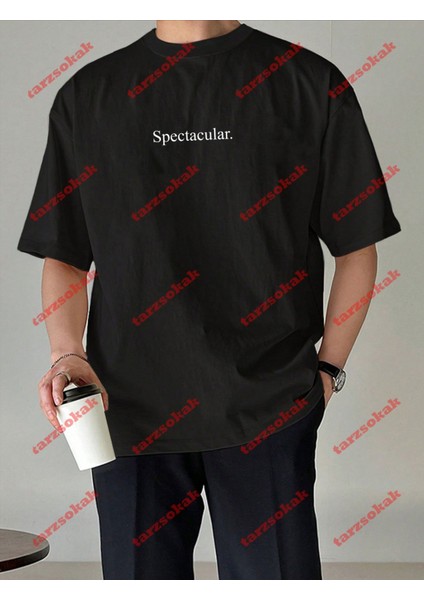 Spectacular Siyah Baskılı Oversize Yıkamalı Tshirt Siyah modelleri