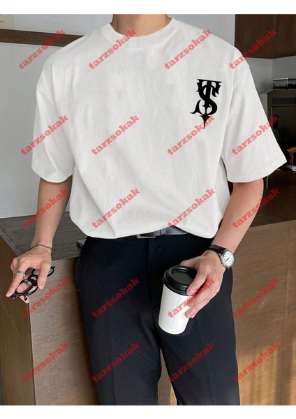 Lisanslı Amblem Baskılı Oversize Yıkamalı Tshirt Beyaz