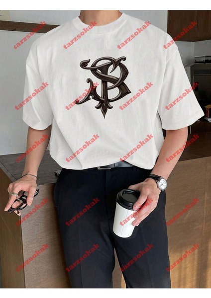 Lisanslı Amblem Baskılı Oversize Yıkamalı Tshirt Beyaz