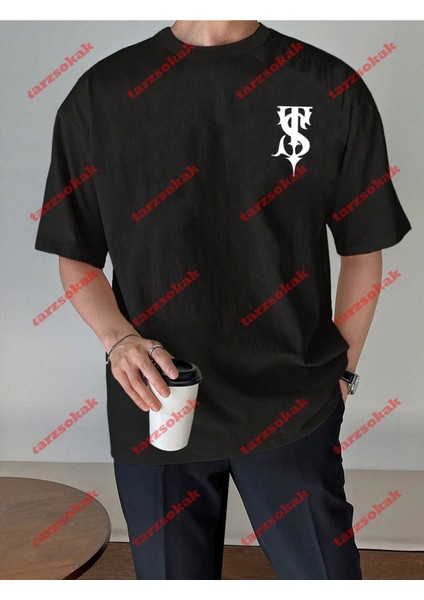 Lisanslı Amblem Baskılı Oversize Yıkamalı Tshirt Siyah