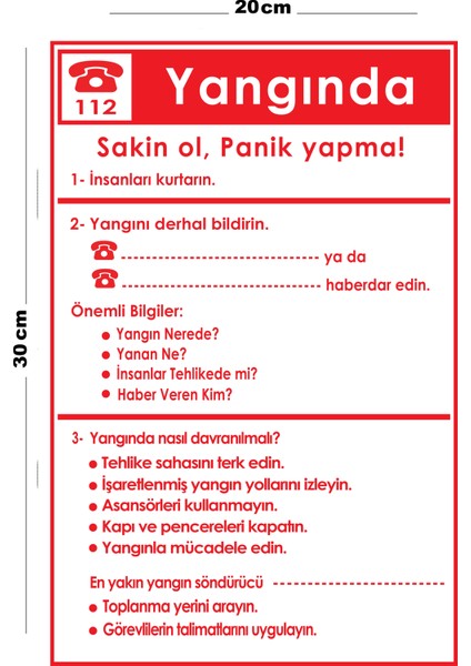 Metal Yangında Yapılacaklar 20 x 30 cm A4 Büyüklüğünde Uyarı Levhası Yönlendirme Tabelası