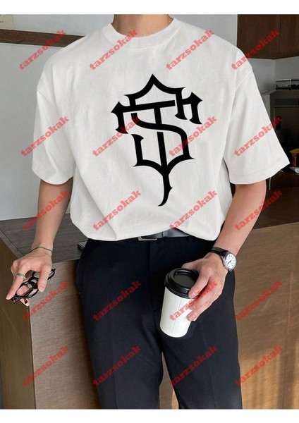 Lisanslı Amblem Baskılı Oversize Yıkamalı Tshirt Beyaz