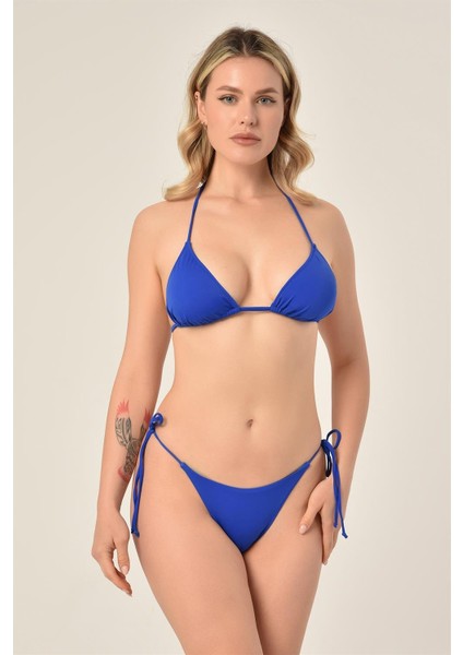 Aquaviva Kadın Saks Üçgen Slip Büzgülü Brazılıan Bikini Takımı