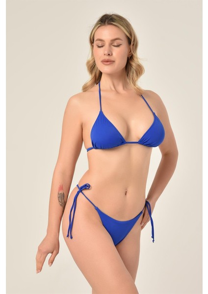 Aquaviva Kadın Saks Üçgen Slip Büzgülü Brazılıan Bikini Takımı modelleri
