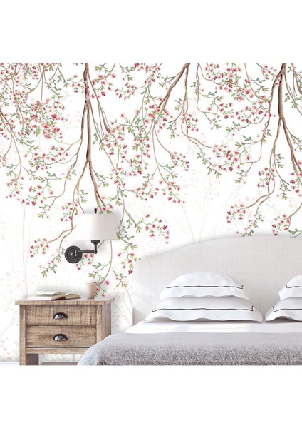 Doğal ve Zarif Çiçek Dalı Desenli Tek Parça Duvar Kaplaması -Çiçek Motifli Duvar Kağıdı
