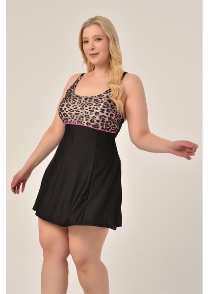 Kadın Büyük Beden Leopar Desenli Şık Elbise Mayo Ayarlanabilir Askılı 46 Beden