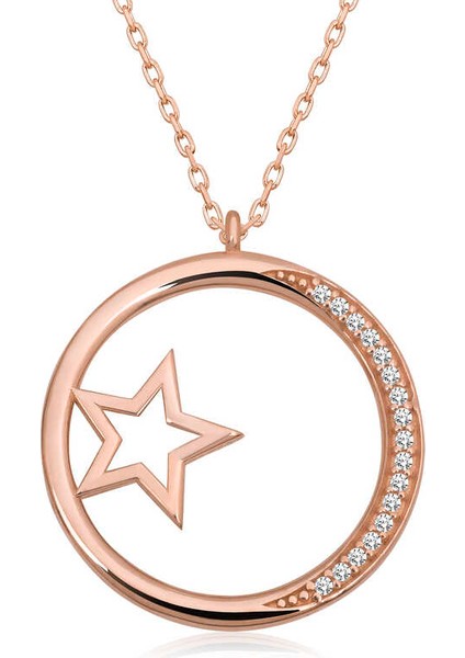 Gümüş Rose Yıldız Detaylı Halka Kadın Kolye