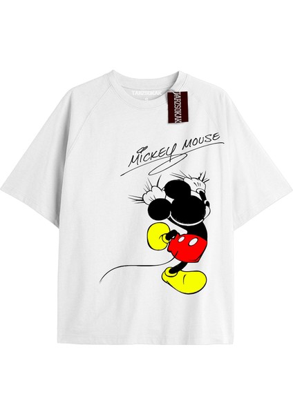 Unique Kadın Beyaz Sırt Baskılı Mickey Mouse T-Shirtkod 48