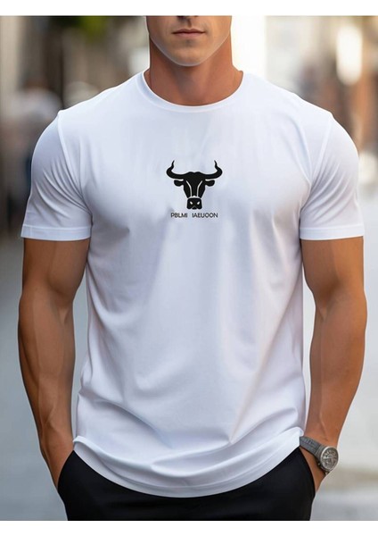 Bull Head Baskılı Erkek Bisiklet Yaka Kısa Kollu Rahat Oversize