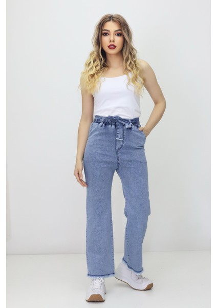Kadın Yüksek Bel Beli Lastikli Püskül Paça Kot Tayt
