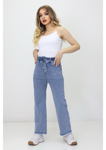 Kadın Yüksek Bel Beli Lastikli Püskül Paça Kot Tayt fiyatları