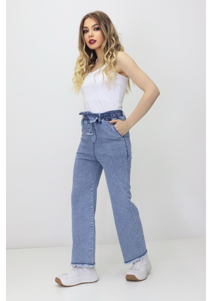 Kadın Yüksek Bel Beli Lastikli Püskül Paça Kot Tayt modelleri