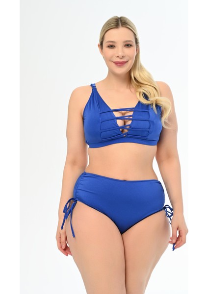 Kadın Saks Büyük Beden Venezıa Çapraz Ipli Dekolte Bikini Takımı