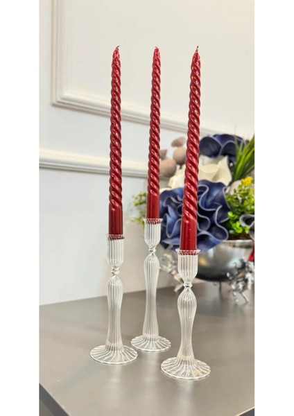 3 Lü Yivli Üfleme Cam El Yapımı Şamdan&mumluk (15 cm -17 cm -19 cm )