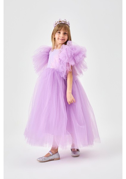 Lila Önü Pullu Kız Çocuk Tül Elbise - Halsey