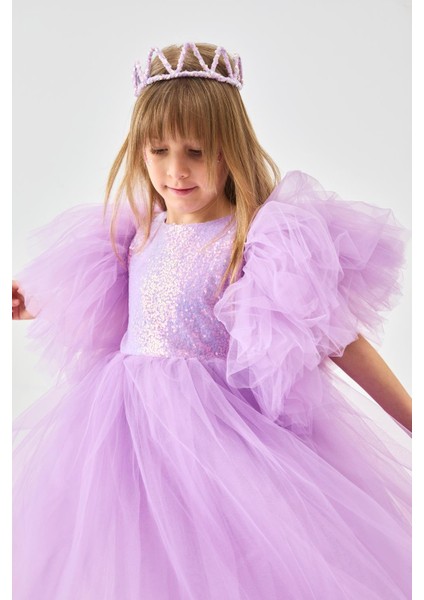 Lila Önü Pullu Kız Çocuk Tül Elbise - Halsey fiyatları