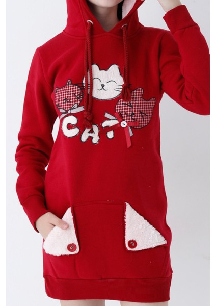Genç Kız Kırmızı Kedi Baskılı Kapüşonlu Pamuklu Sweatshirt