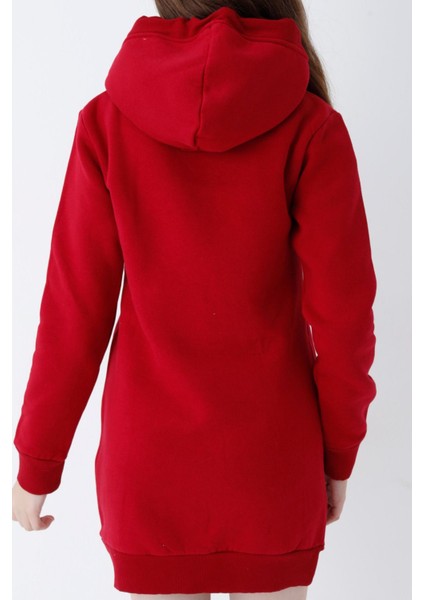 Genç Kız Kırmızı Kedi Baskılı Kapüşonlu Pamuklu Sweatshirt modelleri