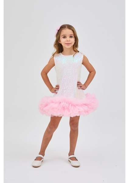 Beyaz Etek Ucu Tüllü Pullu Kız Çocuk Elbise - Evie