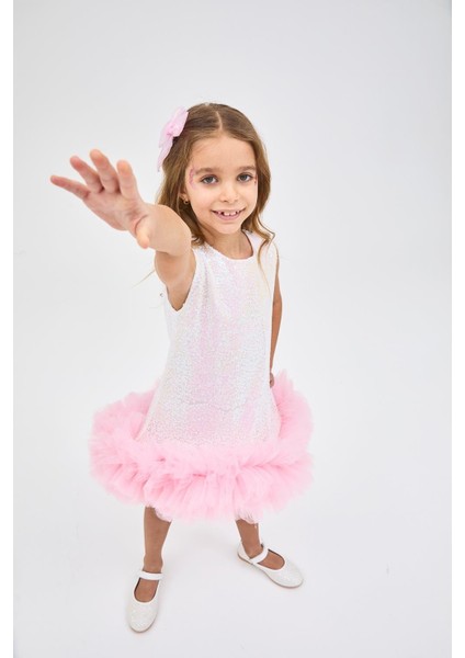 Beyaz Etek Ucu Tüllü Pullu Kız Çocuk Elbise - Evie modelleri