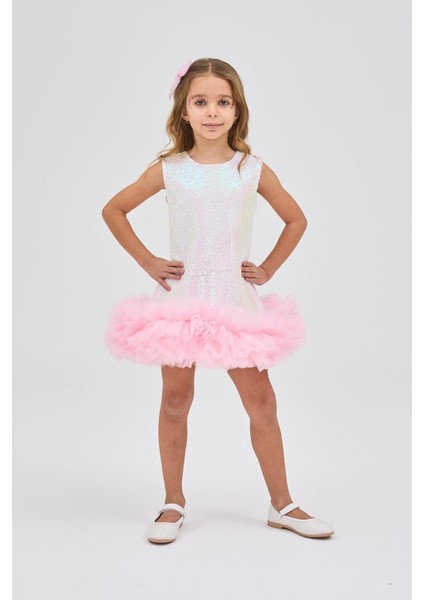 Beyaz Etek Ucu Tüllü Pullu Kız Çocuk Elbise - Evie fırsatları