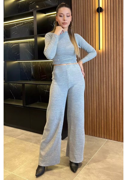 Fitilli Crop Triko Bluz Pantolon Ikili Takım (S-M Beden Uyumludur)