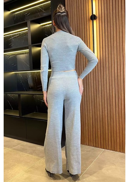 Fitilli Crop Triko Bluz Pantolon Ikili Takım (S-M Beden Uyumludur)