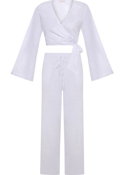 Dokulu Beyaz Crop Top-Pantolon Takım
