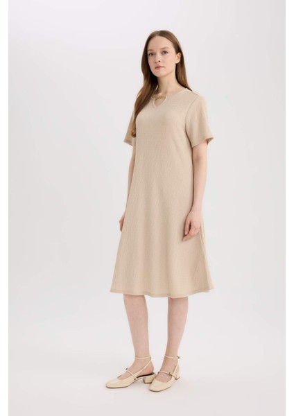 Regular Fit Apaş Yaka Basic Düz Bürümcük Kısa Kollu Midi Elbise D3834AX25SM