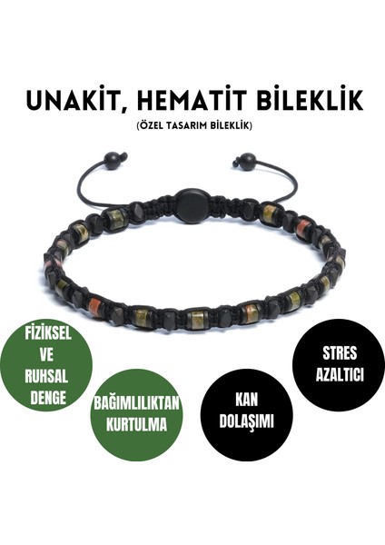 Unakit, Hematit Bileklik - Iden Black Green Bileklik - Tasarım Bileklik 4mm Ayarlanabilir