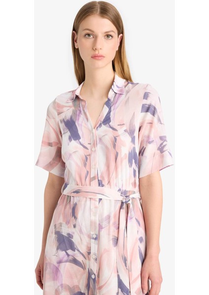 Gömlek Yaka Batik Desenli Kuşaklı Kısa Kollu Midi Yazlık Elbise F1827AX25SM