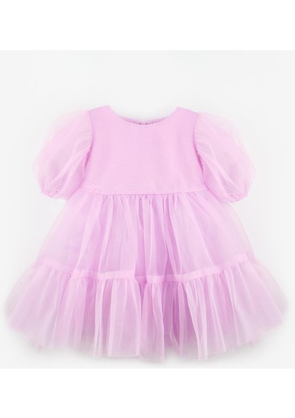 Lila Eteği Fırfırlı Kemerli Kız Çocuk Tül Elbise - Casey