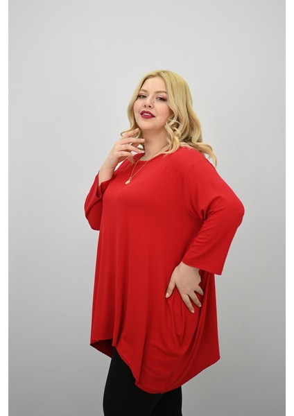 Kadın Büyük Beden Truvakar Kol Asimetrik Kesim Tunik 1964-25