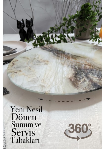 Krem mermer desenli, Dönen Standlı Lüx Servis Sunum Tabağı, Dönen Pasta ve Peynir Tabağı Standı