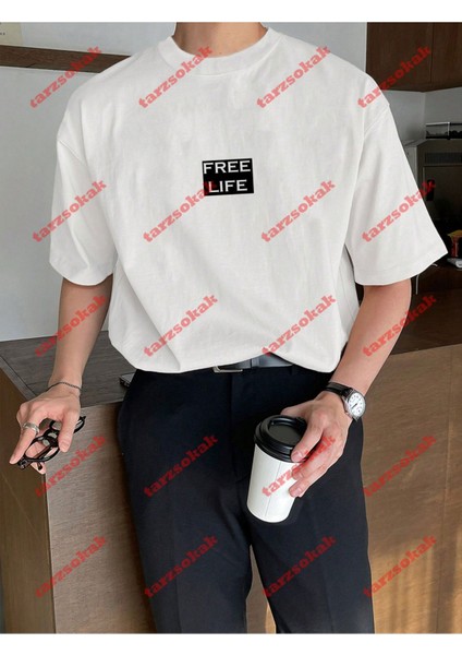 Free Life Baskılı Oversize Yıkamalı Tshirt Beyaz