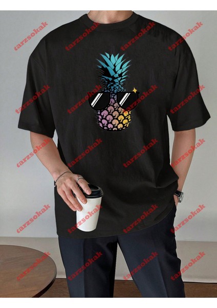 Minimal Cool Ananas Baskılı Oversize Yıkamalı Tshirt Siyah