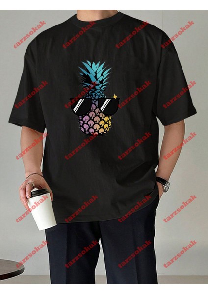 Minimal Cool Ananas Baskılı Oversize Yıkamalı Tshirt Siyah modelleri
