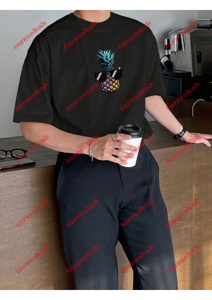 Minimal Cool Ananas Baskılı Oversize Yıkamalı Tshirt Siyah fırsatları