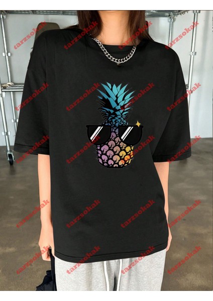 Minimal Cool Ananas Baskılı Oversize Yıkamalı Tshirt Siyah indirimleri