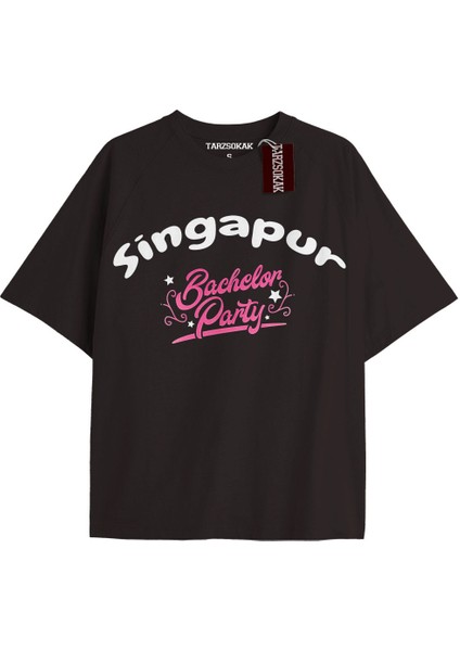 Sıngapur Bachelor Party Oversize Yazılı Tshirt Siyah