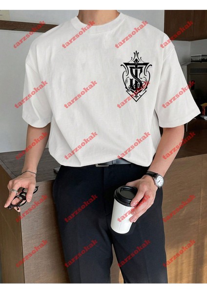 Lisanslı Amblem Baskılı Oversize Yıkamalı Tshirt Beyaz