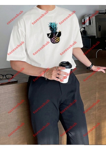 Minimal Cool Ananas Baskılı Oversize Yıkamalı Tshirt Beyaz indirimleri
