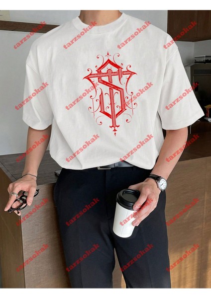 Lisanslı Amblem Baskılı Oversize Yıkamalı Tshirt Beyaz