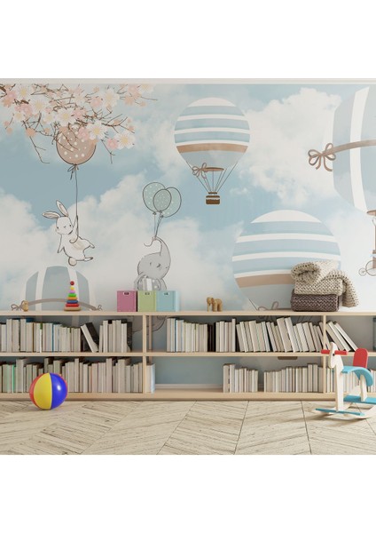 Pastel Renklerde Balon ve Hayvan Temalı Çocuk Odası Duvar Kağıdı-Digital Baskılı