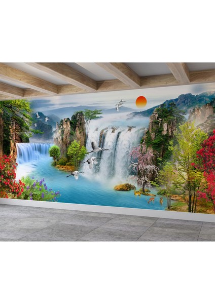 Çiçekler, Şelale ve Gün Manzara Tasarımlı Duvar Kağıdı-Manzara Desenli 3D