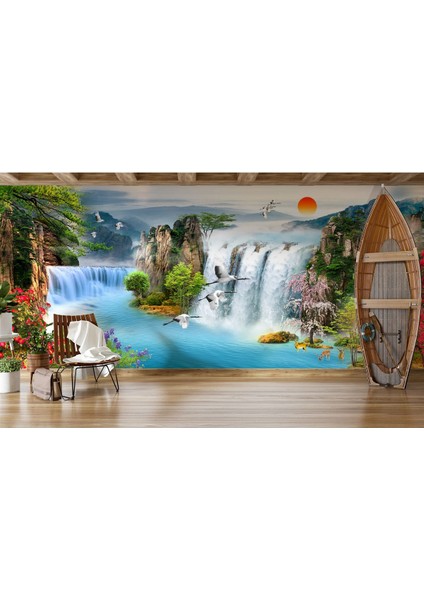 Çiçekler, Şelale ve Gün Manzara Tasarımlı Duvar Kağıdı-Manzara Desenli 3D fiyatları