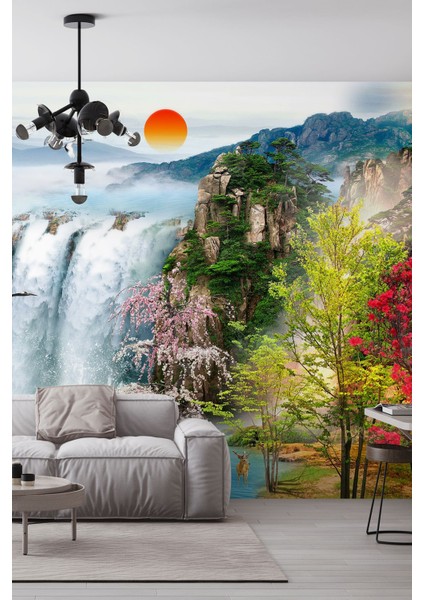 Çiçekler, Şelale ve Gün Manzara Tasarımlı Duvar Kağıdı-Manzara Desenli 3D modelleri