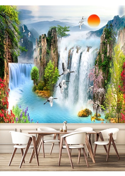 Çiçekler, Şelale ve Gün Manzara Tasarımlı Duvar Kağıdı-Manzara Desenli 3D fırsatları