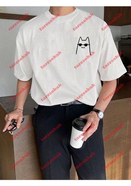 Minimal 2 Kedi Baskılı Oversize Yıkamalı Tshirt Beyaz