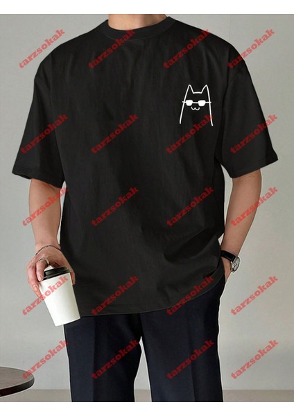 Minimal 2 Kedi Baskılı Oversize Yıkamalı Tshirt Siyah modelleri